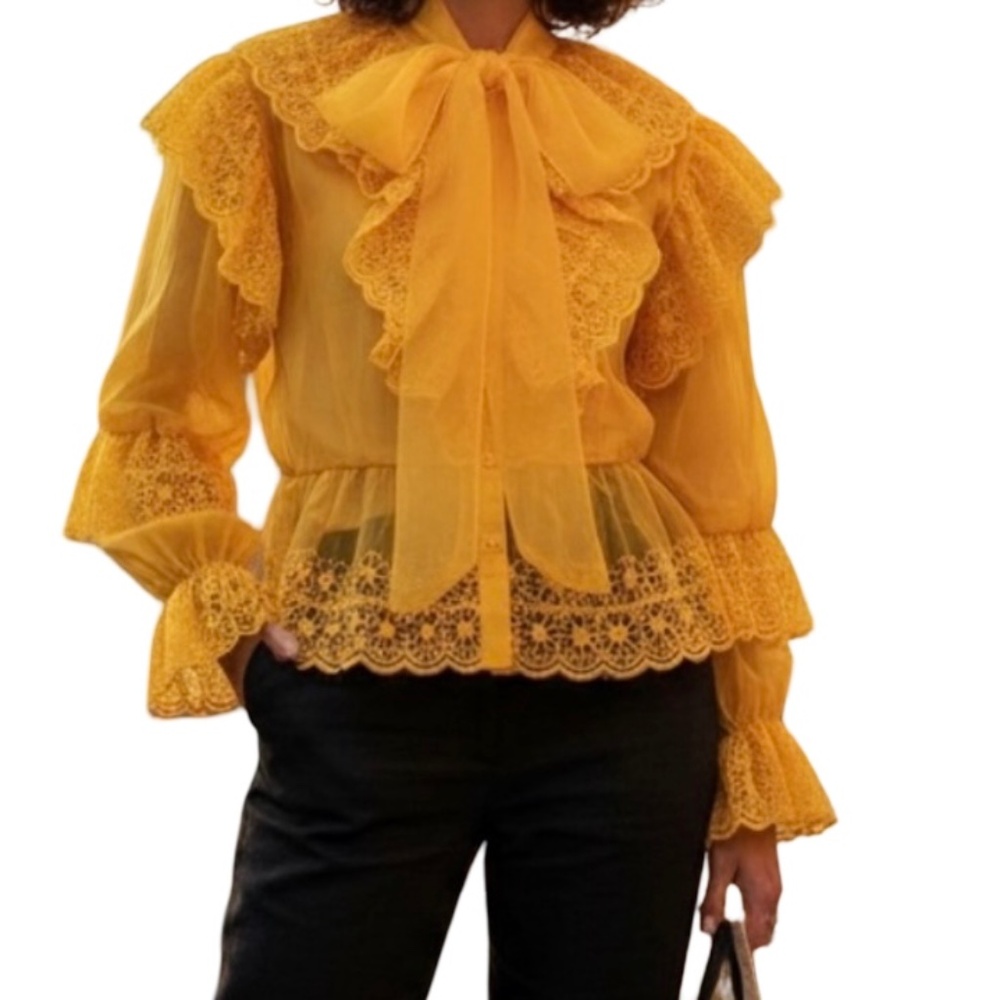 #A261  NANCY  Bold Feminine  Retro Glam Yellow Organza Ruffle Blouse NWOT M